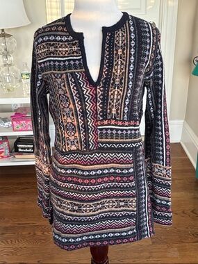 Tory Burch Navy Multi V-Neck Patterned Knit Tunic